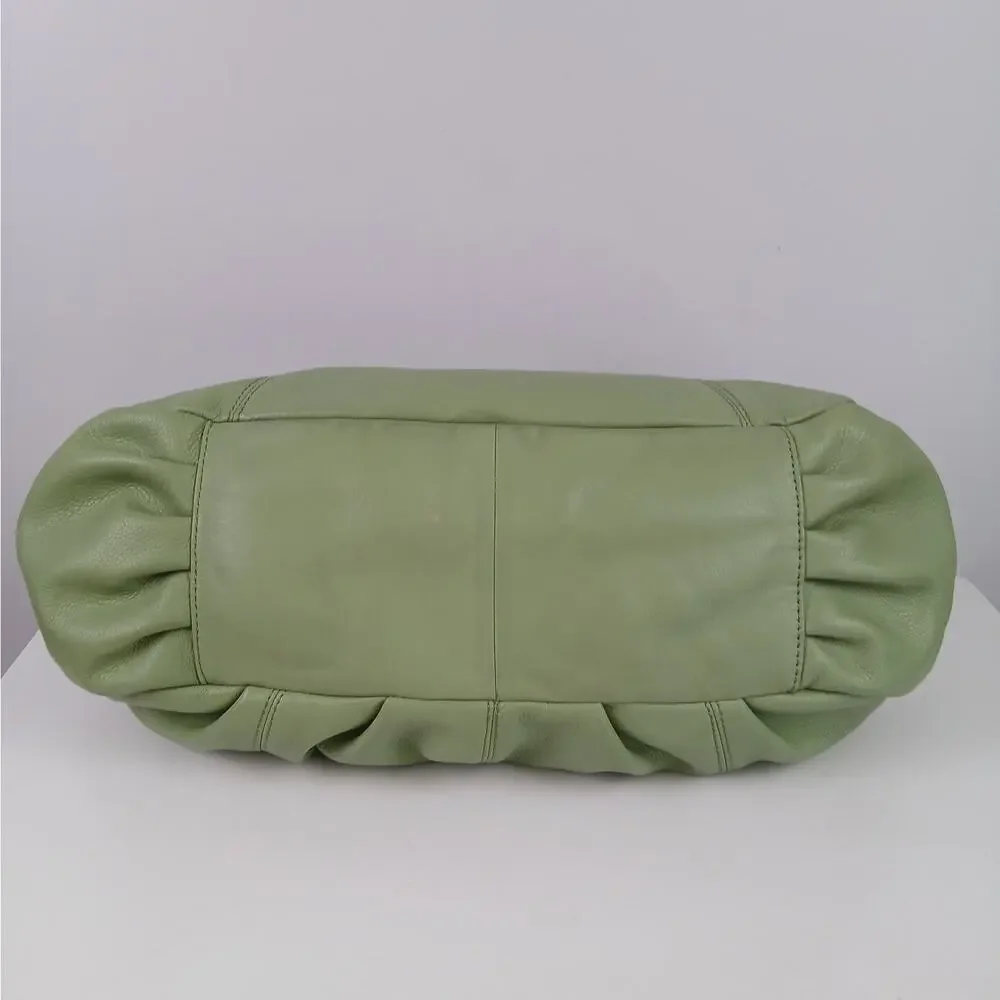 B Makowsky Buttery Green Leather Top Handle Hobo Purse Gold Hardware